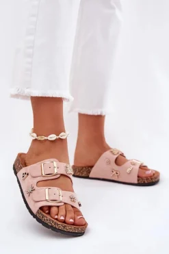 Clearance Boto Klapki Damskie Na Korkowej Podeszwie Z Klamrami I Przypinkami Jasnoróżowe Efadelis Różowy