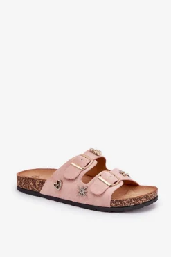Clearance Boto Klapki Damskie Na Korkowej Podeszwie Z Klamrami I Przypinkami Jasnoróżowe Efadelis Różowy