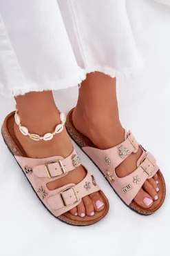 Clearance Boto Klapki Damskie Na Korkowej Podeszwie Z Klamrami I Przypinkami Jasnoróżowe Efadelis Różowy