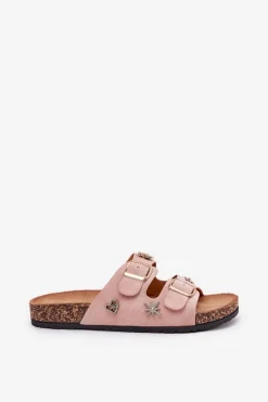 Clearance Boto Klapki Damskie Na Korkowej Podeszwie Z Klamrami I Przypinkami Jasnoróżowe Efadelis Różowy
