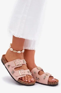 Clearance Boto Klapki Damskie Na Korkowej Podeszwie Z Klamrami I Przypinkami Jasnoróżowe Efadelis Różowy