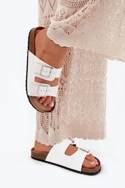 Hot Klapki Damskie Na Korkowej Platformie Klamry Białe Evisolla Damskie Klapki Korkowe|Klapki Na Platformie