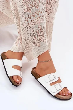 Hot Klapki Damskie Na Korkowej Platformie Klamry Białe Evisolla Damskie Klapki Korkowe|Klapki Na Platformie