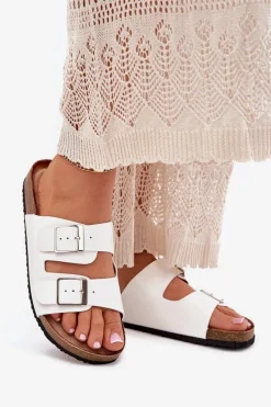 Hot Klapki Damskie Na Korkowej Platformie Klamry Białe Evisolla Damskie Klapki Korkowe|Klapki Na Platformie