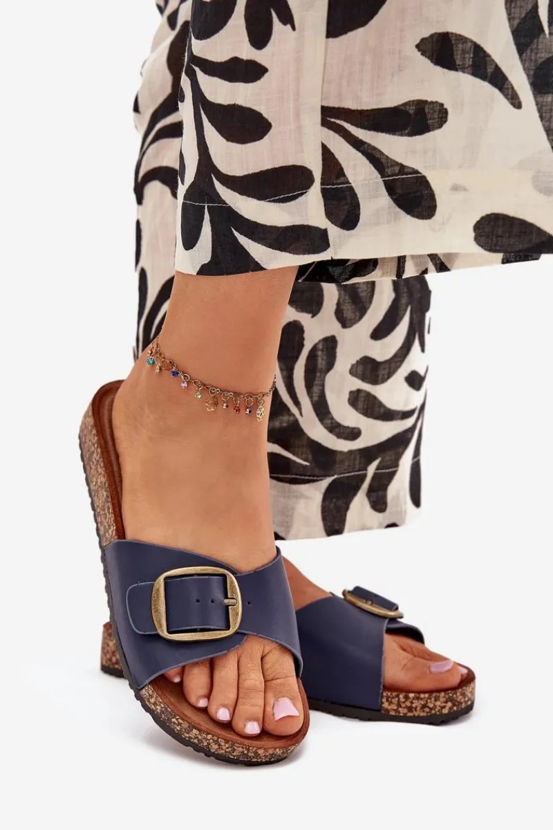 Klapki Korkowe|Klapki Na Platformie>Boto Klapki Damskie Na Korkowej Platformie Z Klamrą Granatowe Vianara Niebieski