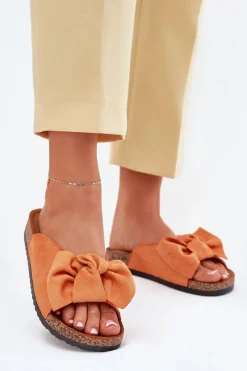 Sale Klapki Damskie Na Korkowej Podeszwie Kokardką Pomarańczowe Seressa Damskie Klapki Korkowe|Klapki Na Platformie