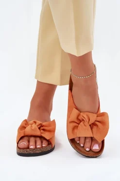 Sale Klapki Damskie Na Korkowej Podeszwie Kokardką Pomarańczowe Seressa Damskie Klapki Korkowe|Klapki Na Platformie