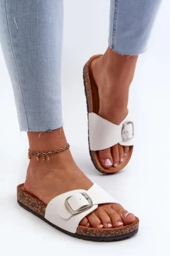 Sale Klapki Damskie Na Korkowej Platformie Z Klamrą Białe Moaxi Damskie Klapki Korkowe|Klapki Na Platformie