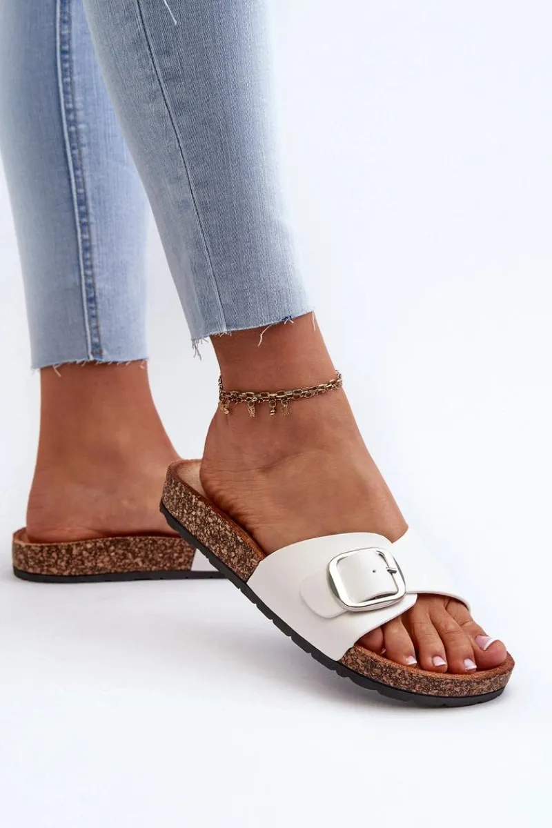 Sale Klapki Damskie Na Korkowej Platformie Z Klamrą Białe Moaxi Damskie Klapki Korkowe|Klapki Na Platformie