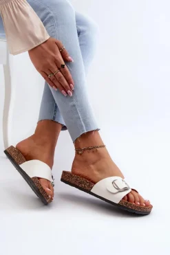 Sale Klapki Damskie Na Korkowej Platformie Z Klamrą Białe Moaxi Damskie Klapki Korkowe|Klapki Na Platformie