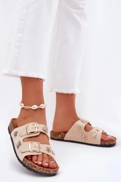 Klapki Korkowe|Klapki Na Platformie>Boto Klapki Damskie Na Korkowej Podeszwie Z Klamrami I Przypinkami Beżowe Efadelis