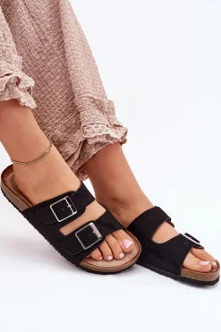 Sale Klapki Damskie Na Korkowej Platformie Klamry Czarne Evisolla Damskie Klapki Korkowe|Klapki Na Platformie