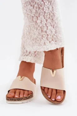 Outlet Klapki Damskie Na Korkowej Platformie Z Ozdobnym Detalem Beżowe Vessira Damskie Klapki Korkowe|Klapki Na Platformie