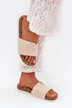 Outlet Klapki Damskie Na Korkowej Platformie Z Ozdobnym Detalem Beżowe Vessira Damskie Klapki Korkowe|Klapki Na Platformie