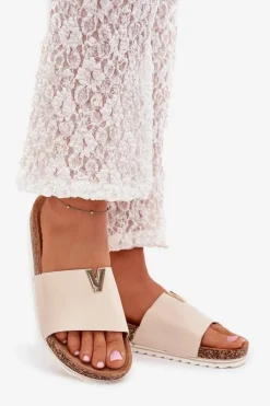 Outlet Klapki Damskie Na Korkowej Platformie Z Ozdobnym Detalem Beżowe Vessira Damskie Klapki Korkowe|Klapki Na Platformie