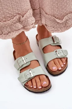 Discount Boto Klapki Damskie Na Korkowej Platformie Klamry Miętowe Evisolla