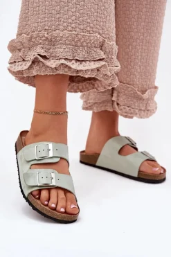 Discount Boto Klapki Damskie Na Korkowej Platformie Klamry Miętowe Evisolla