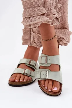 Discount Boto Klapki Damskie Na Korkowej Platformie Klamry Miętowe Evisolla