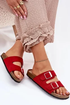 Boto Klapki Damskie Na Korkowej Platformie Klamry Czerwone Evisolla