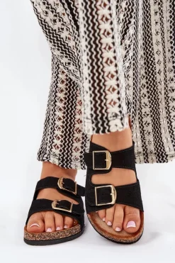 New Boto Klapki Damskie Na Korkowej Platformie Ze Złotymi Klamrami Czarne Lisavionea Czarny