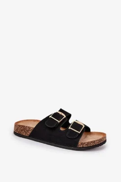 New Boto Klapki Damskie Na Korkowej Platformie Ze Złotymi Klamrami Czarne Lisavionea Czarny