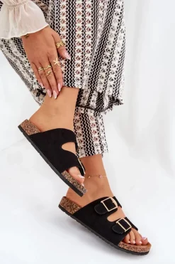 New Boto Klapki Damskie Na Korkowej Platformie Ze Złotymi Klamrami Czarne Lisavionea Czarny