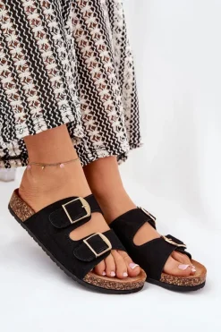 New Boto Klapki Damskie Na Korkowej Platformie Ze Złotymi Klamrami Czarne Lisavionea Czarny