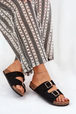 New Boto Klapki Damskie Na Korkowej Platformie Ze Złotymi Klamrami Czarne Lisavionea Czarny