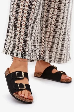 New Boto Klapki Damskie Na Korkowej Platformie Ze Złotymi Klamrami Czarne Lisavionea Czarny