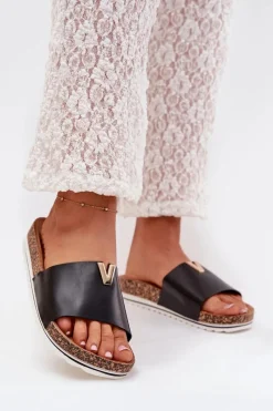 Klapki Damskie Na Korkowej Platformie Z Ozdobnym Detalem Czarne Vessira Damskie Klapki Korkowe|Klapki Na Platformie