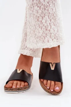 Klapki Damskie Na Korkowej Platformie Z Ozdobnym Detalem Czarne Vessira Damskie Klapki Korkowe|Klapki Na Platformie