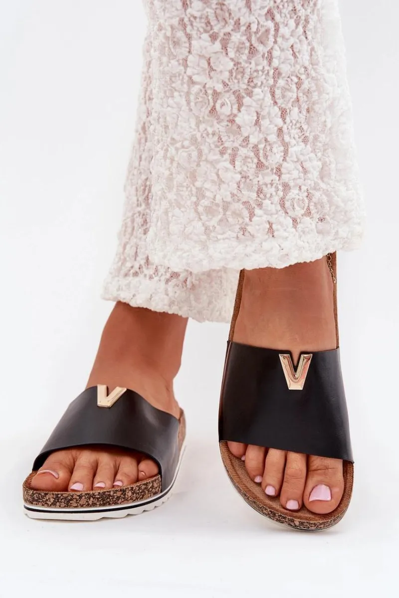 Klapki Damskie Na Korkowej Platformie Z Ozdobnym Detalem Czarne Vessira Damskie Klapki Korkowe|Klapki Na Platformie