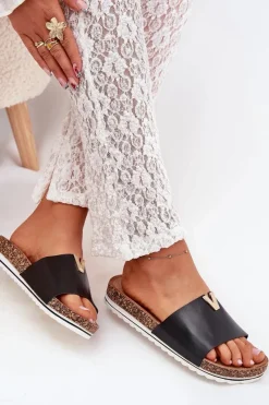 Klapki Damskie Na Korkowej Platformie Z Ozdobnym Detalem Czarne Vessira Damskie Klapki Korkowe|Klapki Na Platformie