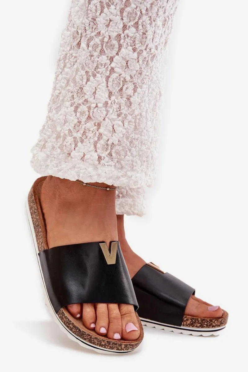 Klapki Damskie Na Korkowej Platformie Z Ozdobnym Detalem Czarne Vessira Damskie Klapki Korkowe|Klapki Na Platformie