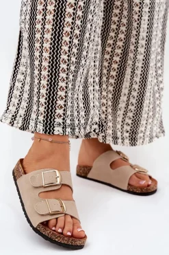 Hot Boto Klapki Damskie Na Korkowej Platformie Ze Złotymi Klamrami Beżowe Lisavionea