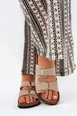 Hot Boto Klapki Damskie Na Korkowej Platformie Ze Złotymi Klamrami Beżowe Lisavionea