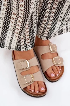 Hot Boto Klapki Damskie Na Korkowej Platformie Ze Złotymi Klamrami Beżowe Lisavionea