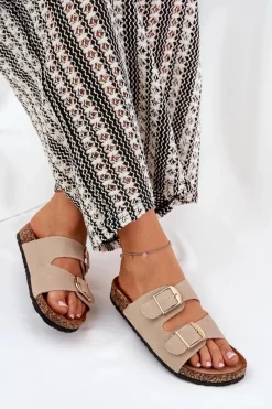 Hot Boto Klapki Damskie Na Korkowej Platformie Ze Złotymi Klamrami Beżowe Lisavionea