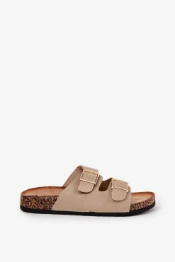 Hot Boto Klapki Damskie Na Korkowej Platformie Ze Złotymi Klamrami Beżowe Lisavionea