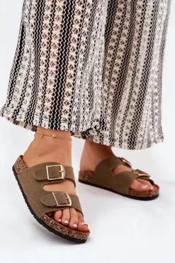 Sale Klapki Damskie Na Korkowej Platformie Ze Złotymi Klamrami Zielone Lisavionea Damskie Klapki Korkowe|Klapki Damskie Klasyczne