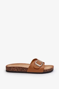 Outlet Klapki Damskie Na Korkowej Platformie Z Klamrą Brązowe Moaxi Damskie Klapki Korkowe|Klapki Na Platformie