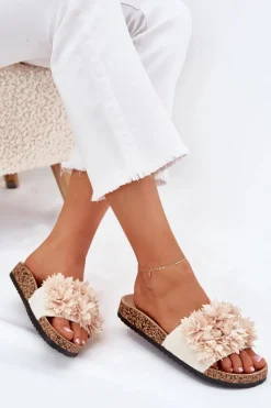 Hot Boto Klapki Damskie Na Korkowej Podeszwie Z Ozdobnymi Kwiatkami Beżowe Seleneza