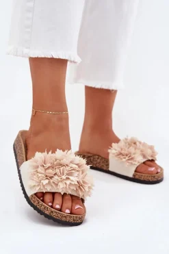 Hot Boto Klapki Damskie Na Korkowej Podeszwie Z Ozdobnymi Kwiatkami Beżowe Seleneza