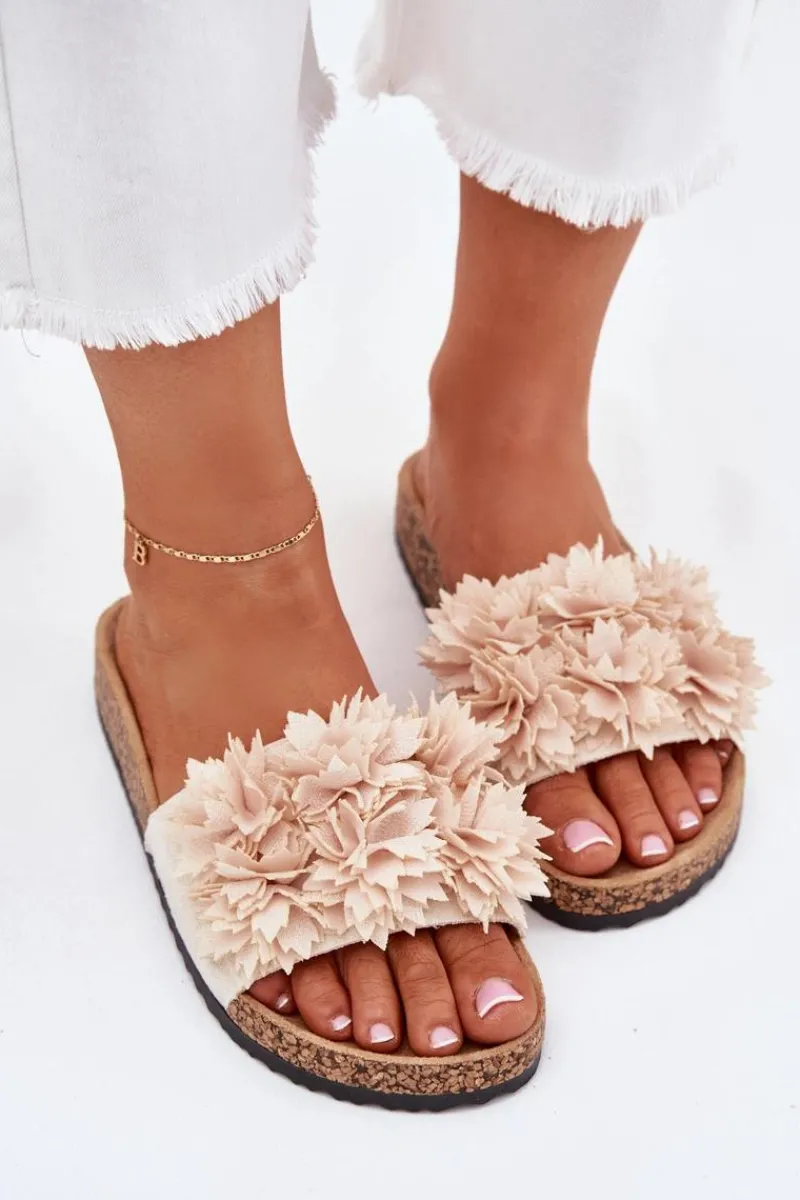 Hot Boto Klapki Damskie Na Korkowej Podeszwie Z Ozdobnymi Kwiatkami Beżowe Seleneza