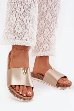 Klapki Korkowe|Klapki Na Platformie>Boto Klapki Damskie Na Korkowej Platformie Z Ozdobnym Detalem Złote Vessira