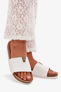 Sale Boto Klapki Damskie Na Korkowej Platformie Z Ozdobnym Detalem Białe Vessira