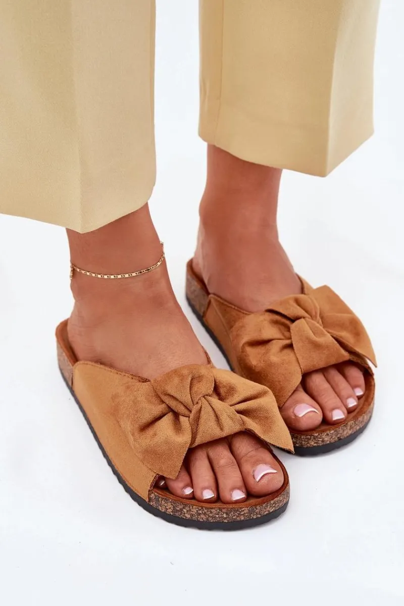 New Boto Klapki Damskie Na Korkowej Podeszwie Kokardką Camel Seressa Brązowy