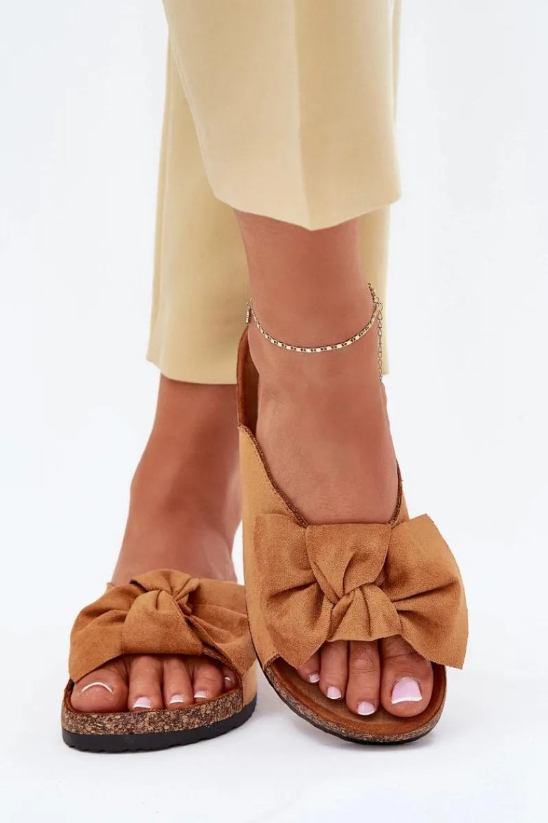 New Boto Klapki Damskie Na Korkowej Podeszwie Kokardką Camel Seressa Brązowy