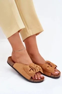 New Boto Klapki Damskie Na Korkowej Podeszwie Kokardką Camel Seressa Brązowy