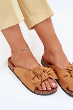 New Boto Klapki Damskie Na Korkowej Podeszwie Kokardką Camel Seressa Brązowy